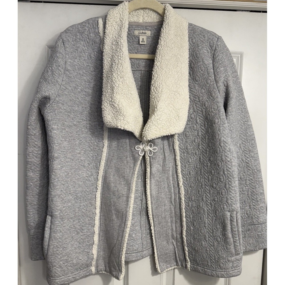 LL Bean Open Front Cardigan Jacket‎ Womens Medium Gray Sherpa Lined Embroidered